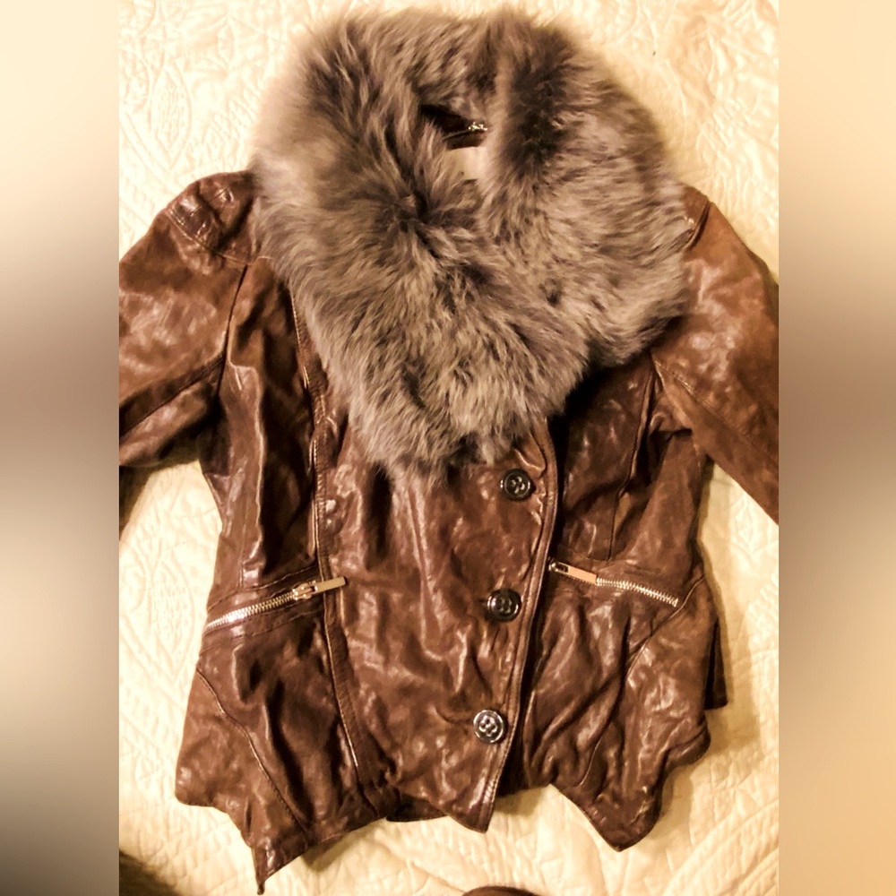 Karen Millen leather bomber shearling neck. Brown grey size 6